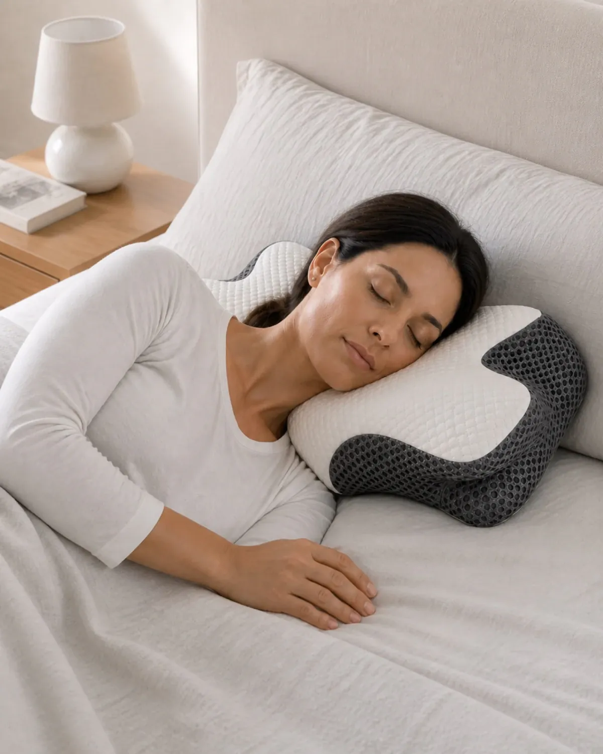 A person resting on their side on the OrthoCloud Pillow.
